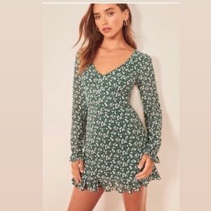 REFORMATION GREEN ELENOR LONG SLEEVE MINIDRESS